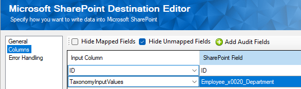 KingswaySoft SharePoint Destination Columns page mapping